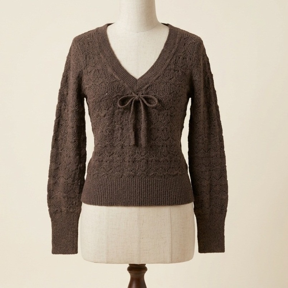 Hollister Brown Pointelle Knit V-Neck Tie Front Sweater Coquette Dainty M